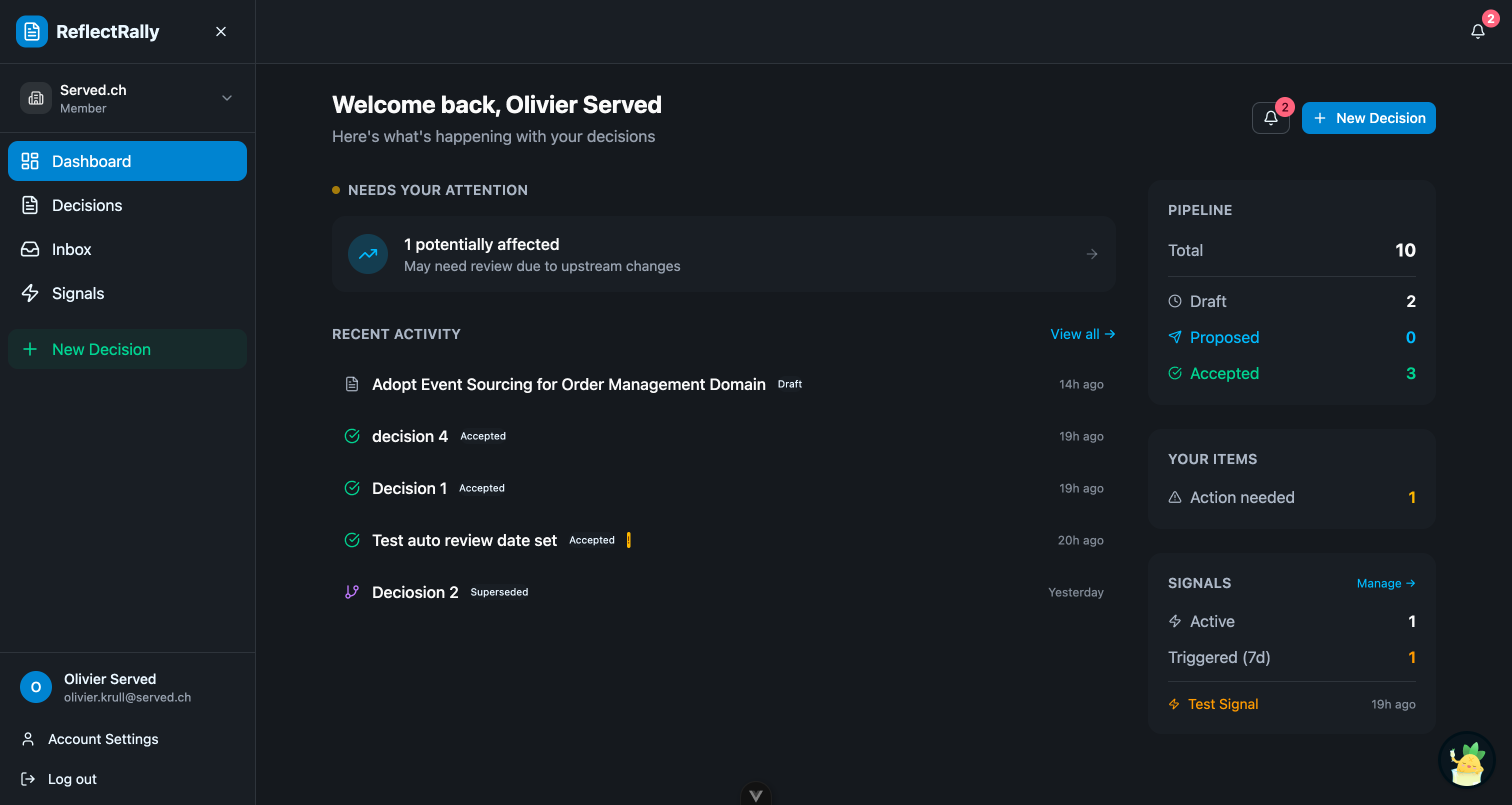 ReflectRally dashboard showing decisions pipeline, attention items, and recent activity