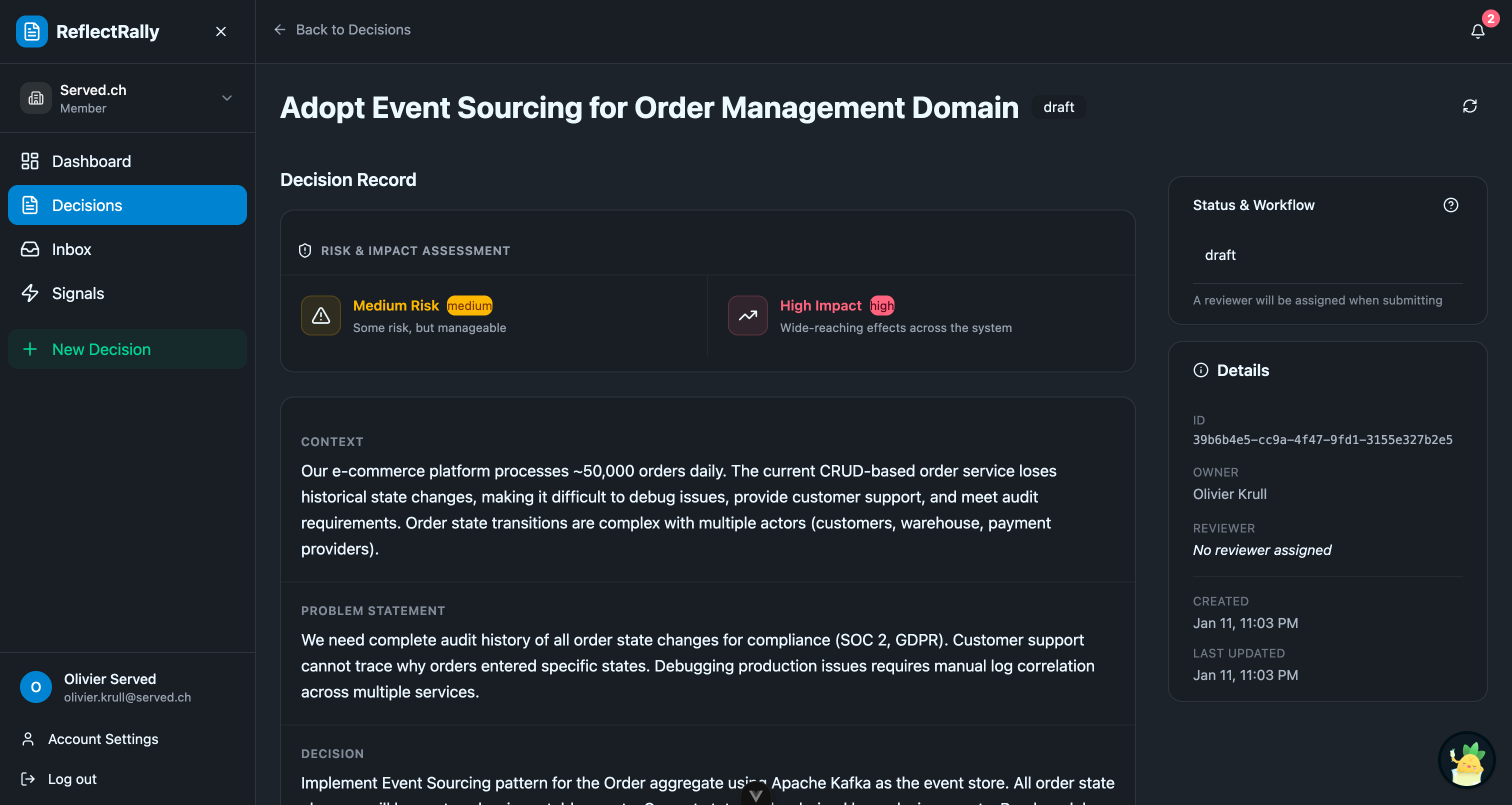 ReflectRally decision detail view showing Event Sourcing ADR with context, problem statement, decision, alternatives, and consequences