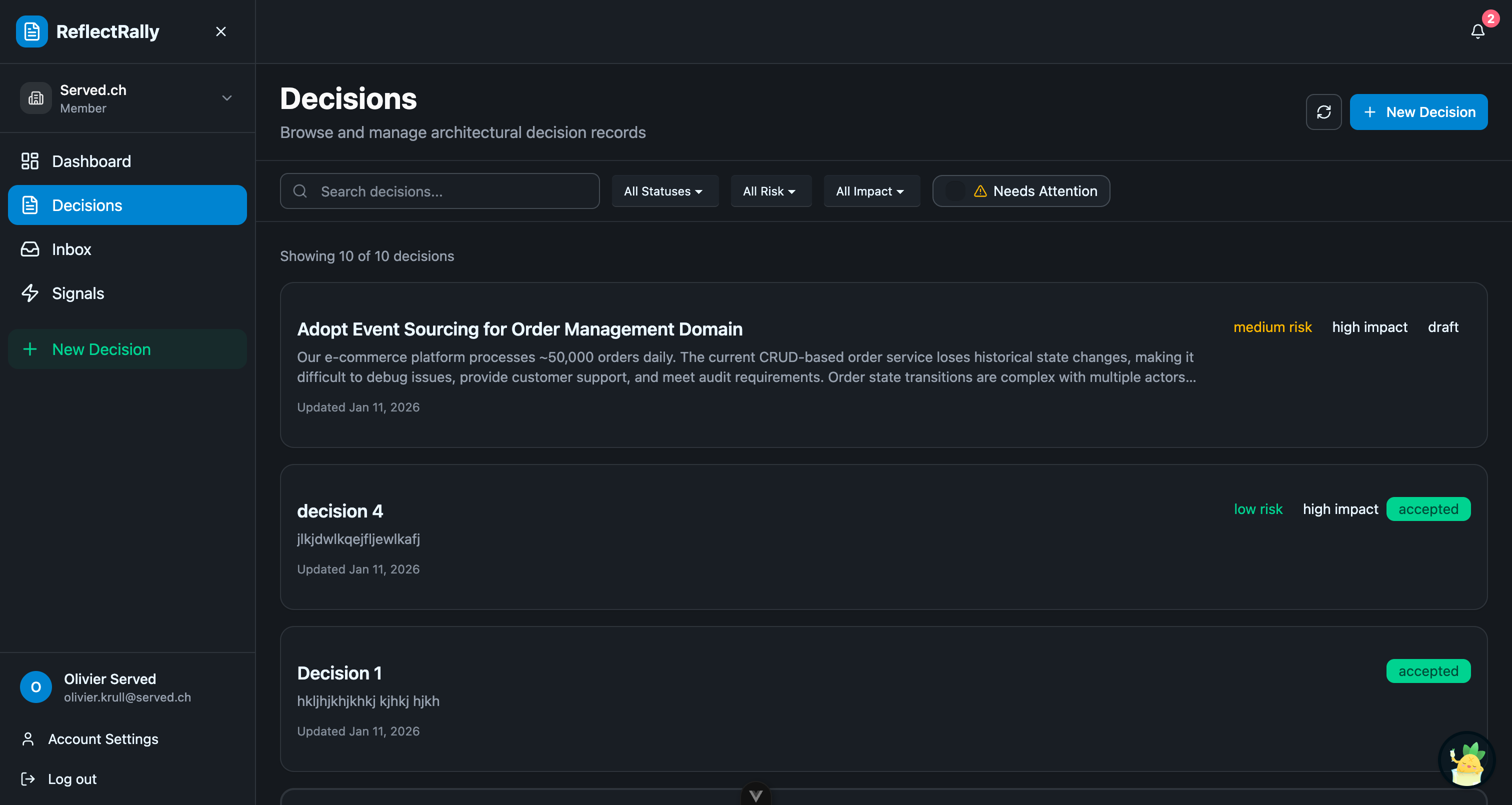 ReflectRally decisions list with search, filters, and status indicators